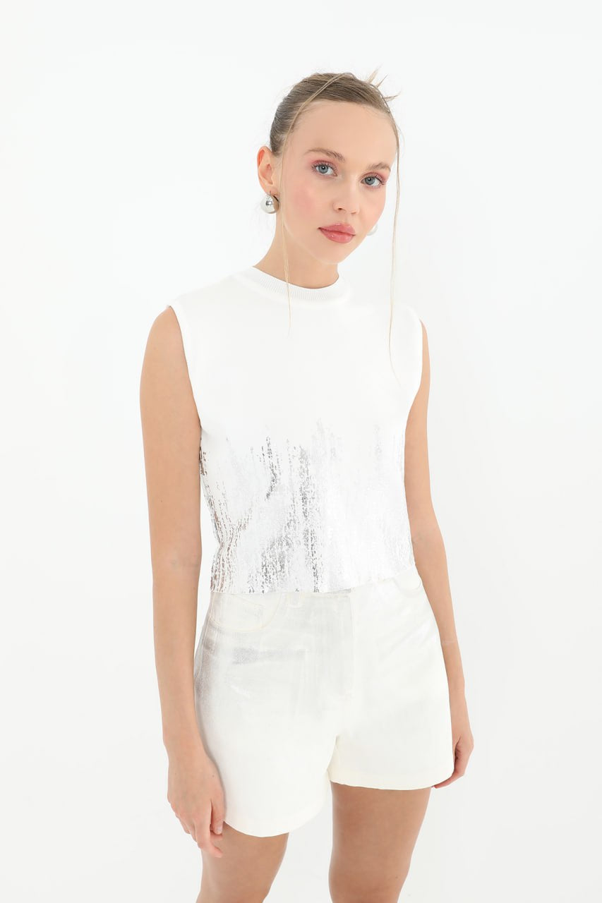 Kadın Varak Baskılı Kolsuz Crop Top  - 31721CRP