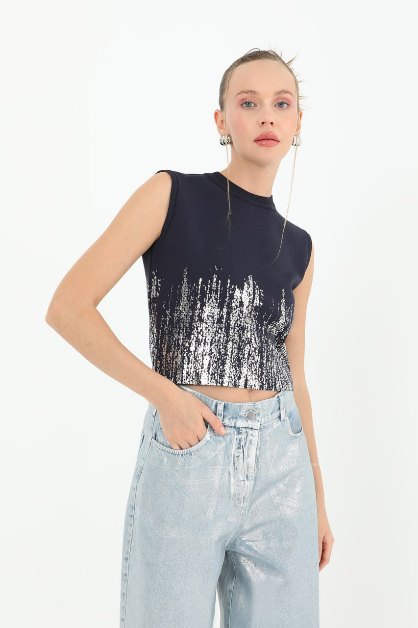 Kadın Varak Baskılı Kolsuz Crop Top  - 31721CRP