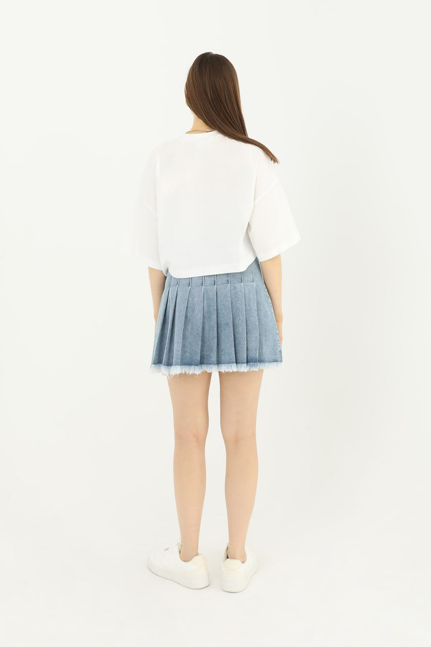 Kadın Yanı Pile Detaylı Kot Etek  - 31655ETK