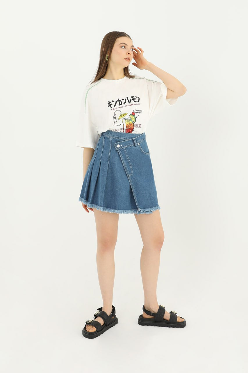 Kadın Yanı Pile Detaylı Kot Etek  - 31655ETK