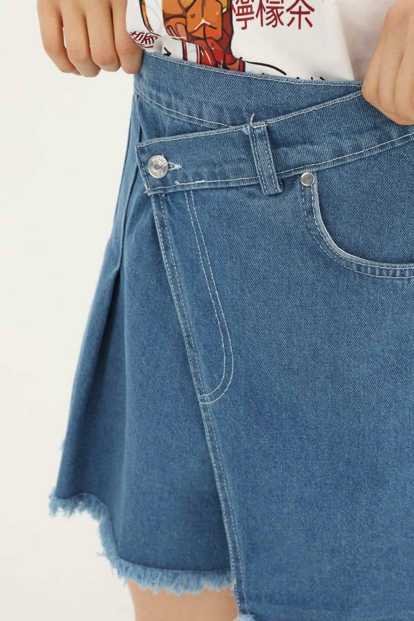 Kadın Yanı Pile Detaylı Kot Etek  - 31655ETK