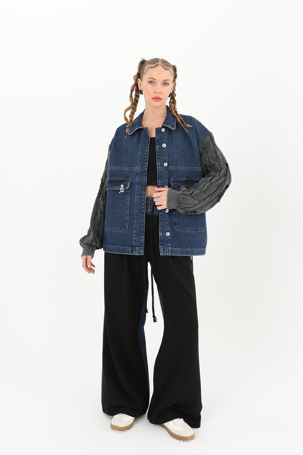 Kadın Triko Kol Detaylı Denim Ceket -32041CKT