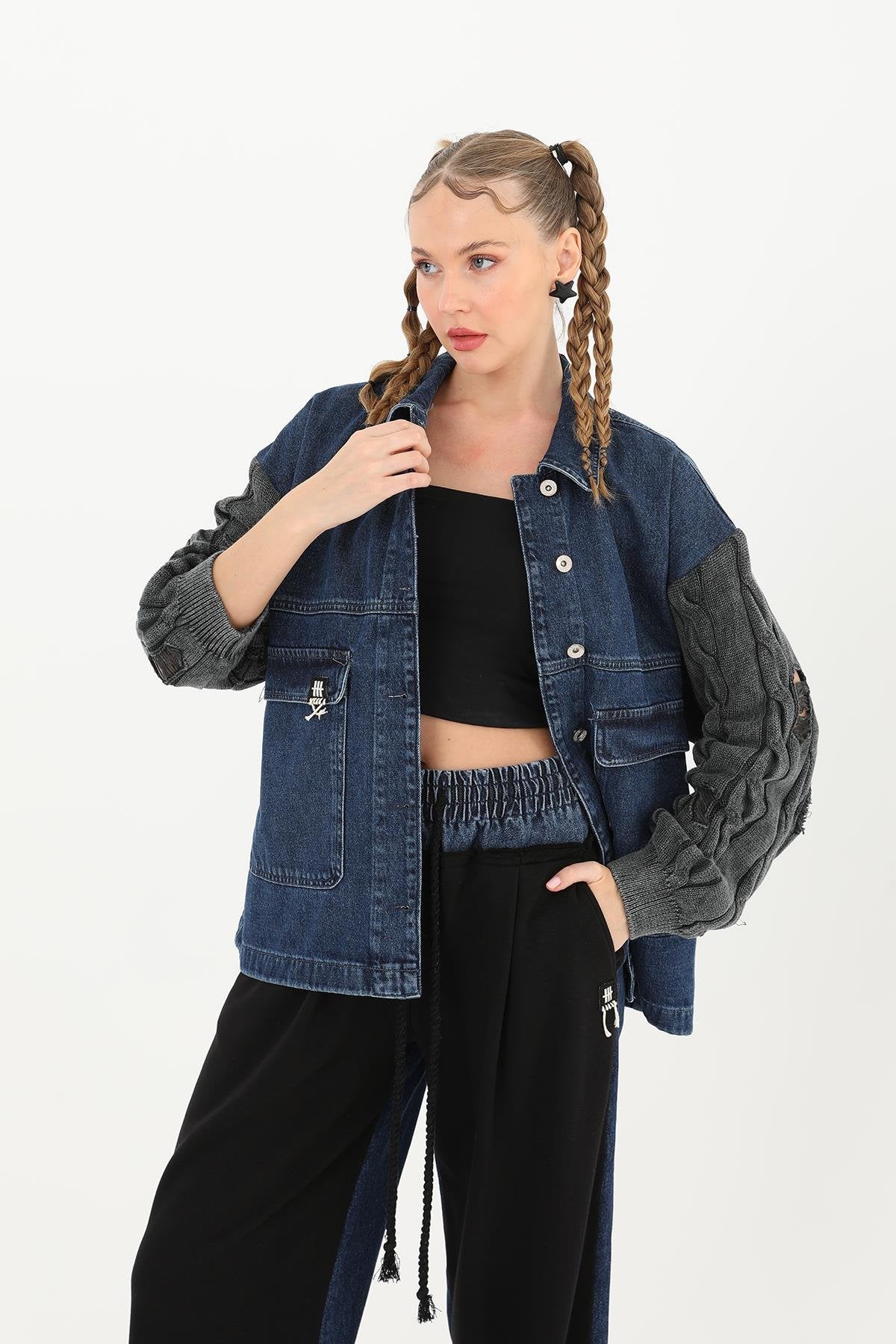 Kadın Triko Kol Detaylı Denim Ceket -32041CKT