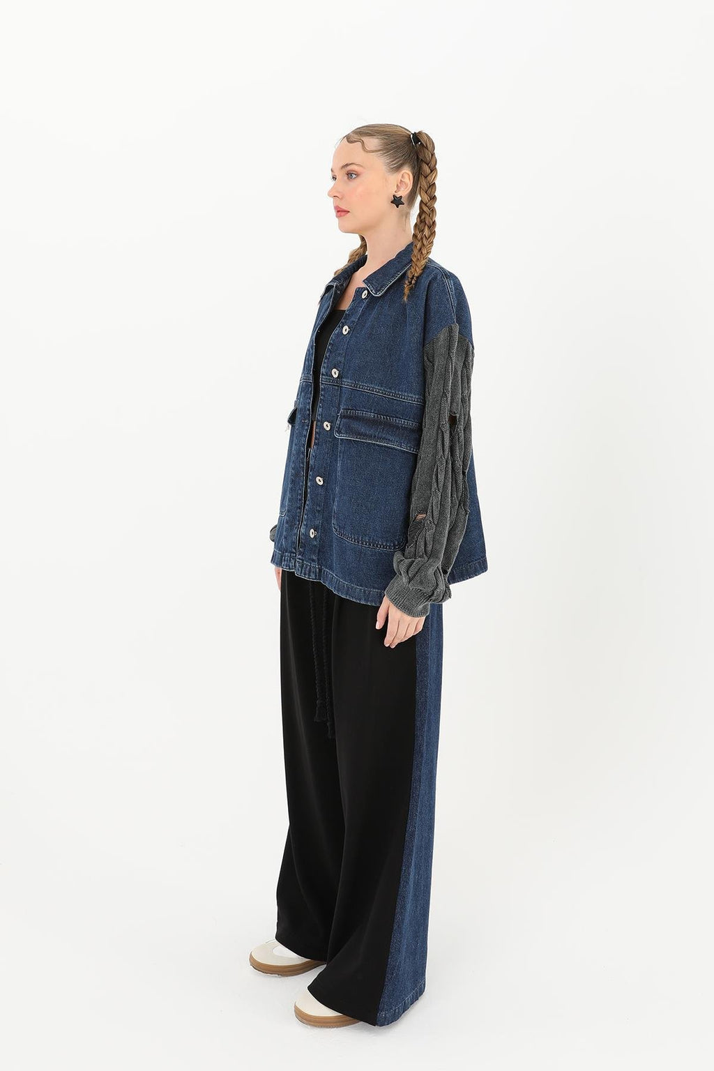 Kadın Triko Kol Detaylı Denim Ceket -32041CKT