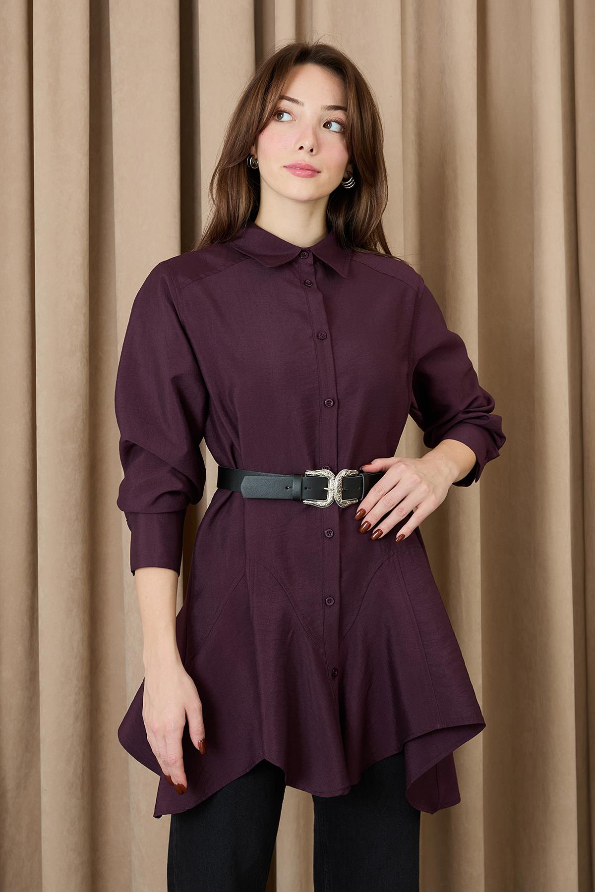 Kadın Dikiş Detaylı Kemerli Gömlek - 20708GML