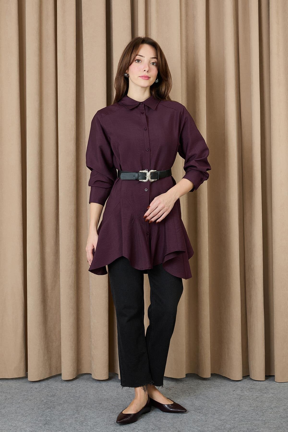 Kadın Dikiş Detaylı Kemerli Gömlek - 20708GML