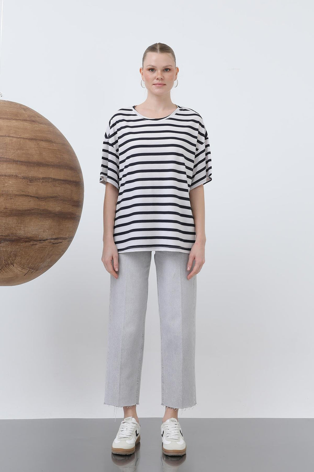 Kadın Bisiklet Yaka Çizgili Tshirt - 20634TSH