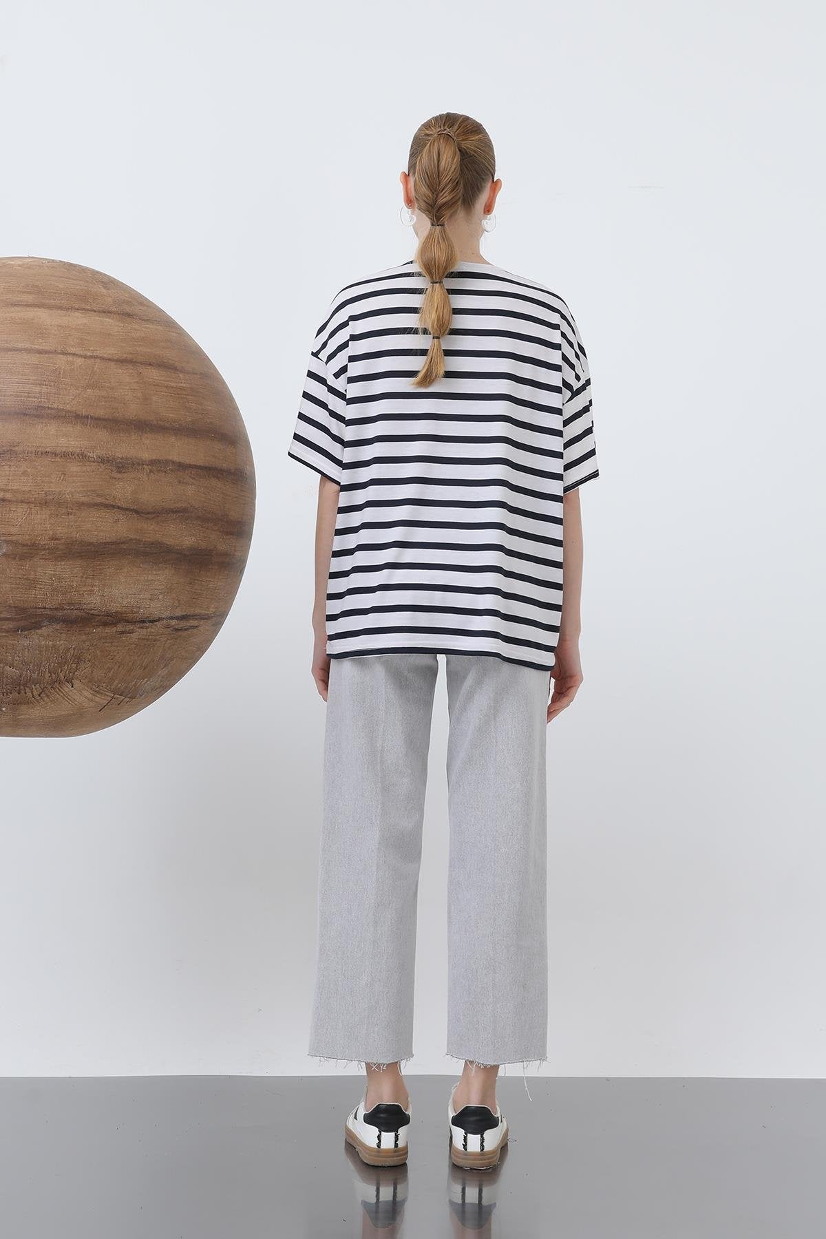 Kadın Bisiklet Yaka Çizgili Tshirt - 20634TSH