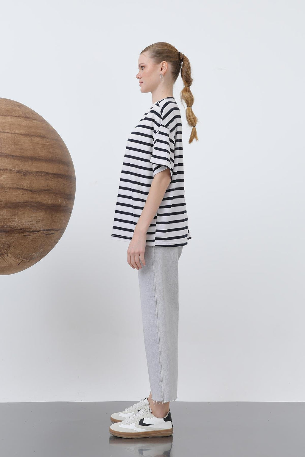 Kadın Bisiklet Yaka Çizgili Tshirt - 20634TSH
