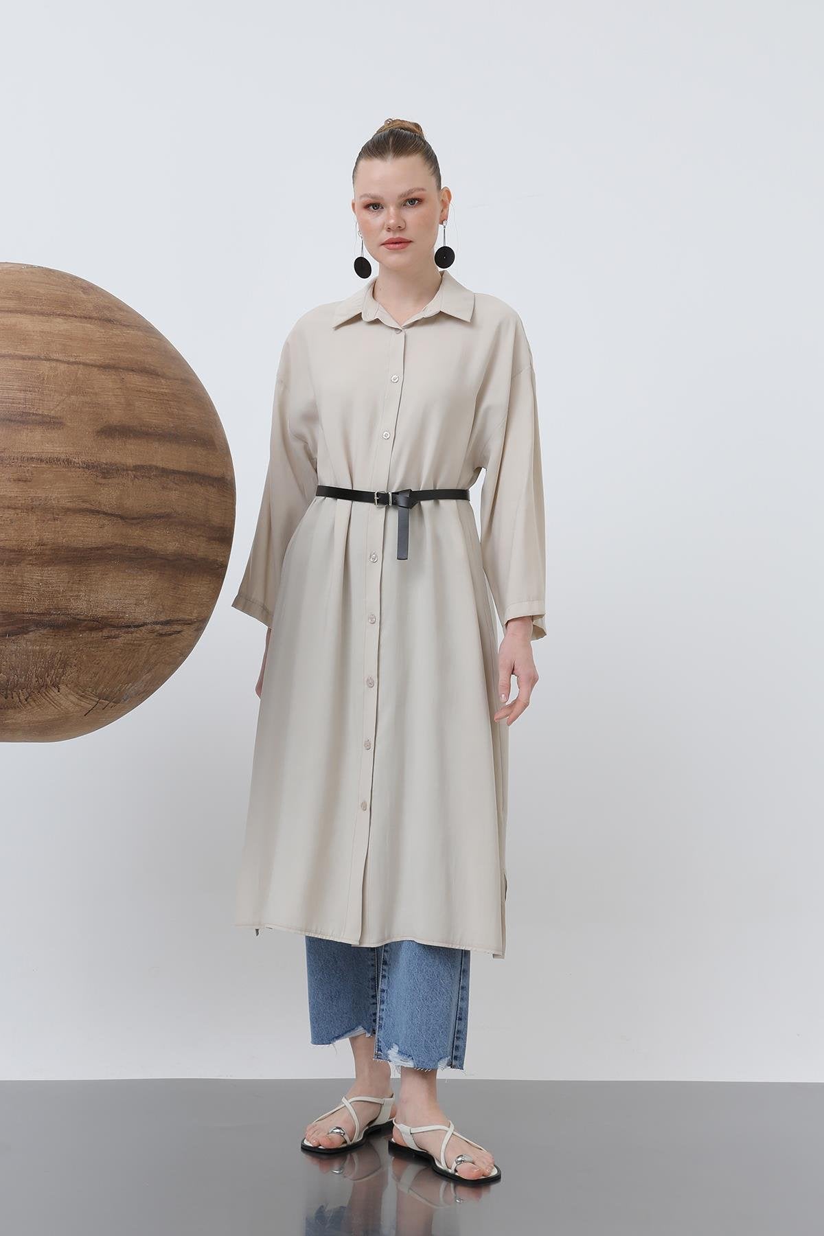 Kadın Uzun Kemer Detaylı Gömlek Elbise - 20629ELB
