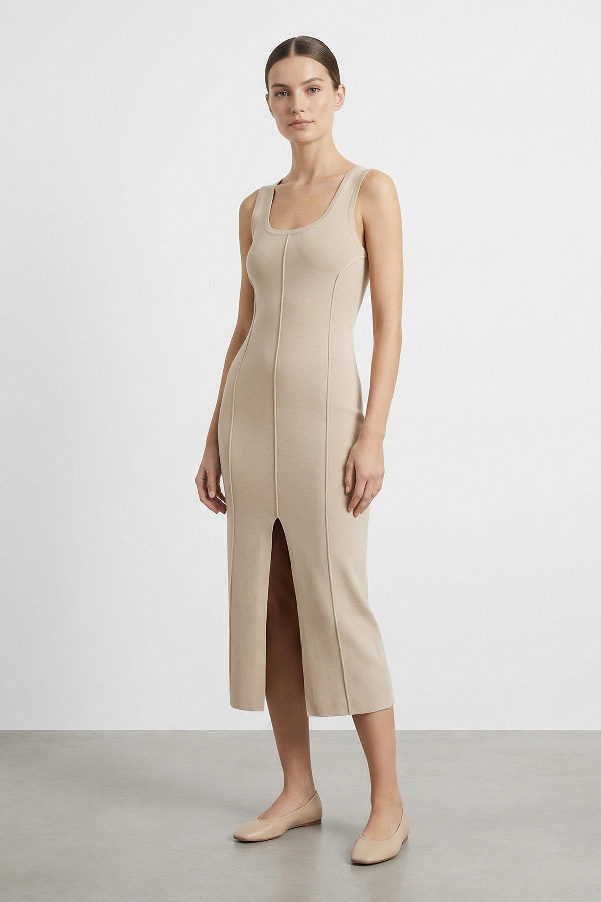 Kadın Kalın Askılı Yırtmaçlı Elbise  - 31861ELB