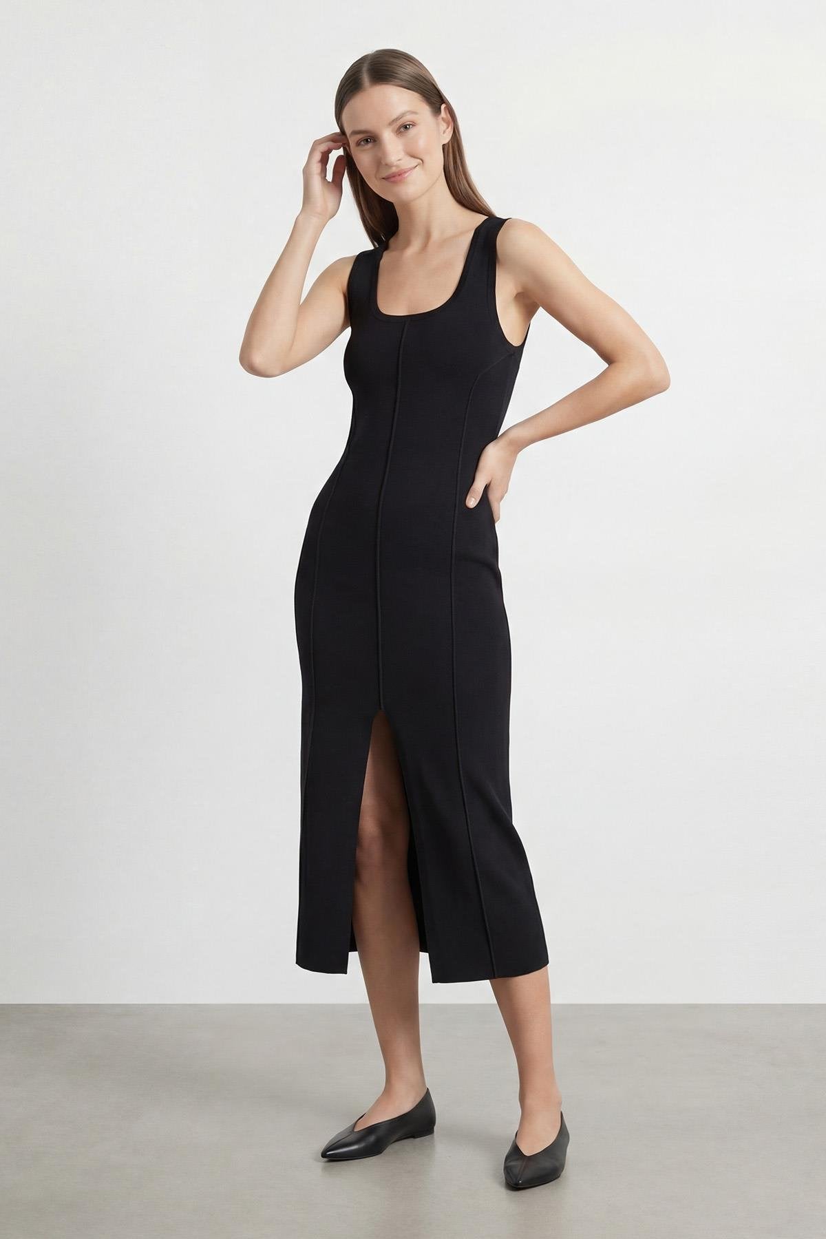 Kadın Kalın Askılı Yırtmaçlı Elbise  - 31861ELB