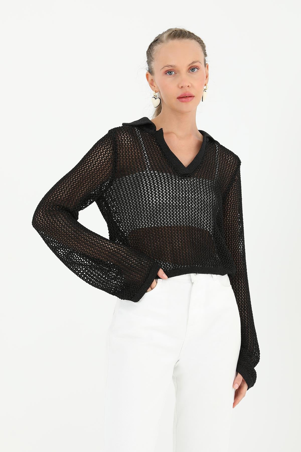 Kadın Simli V Yaka Delikli Bluz  - 31729BLZ