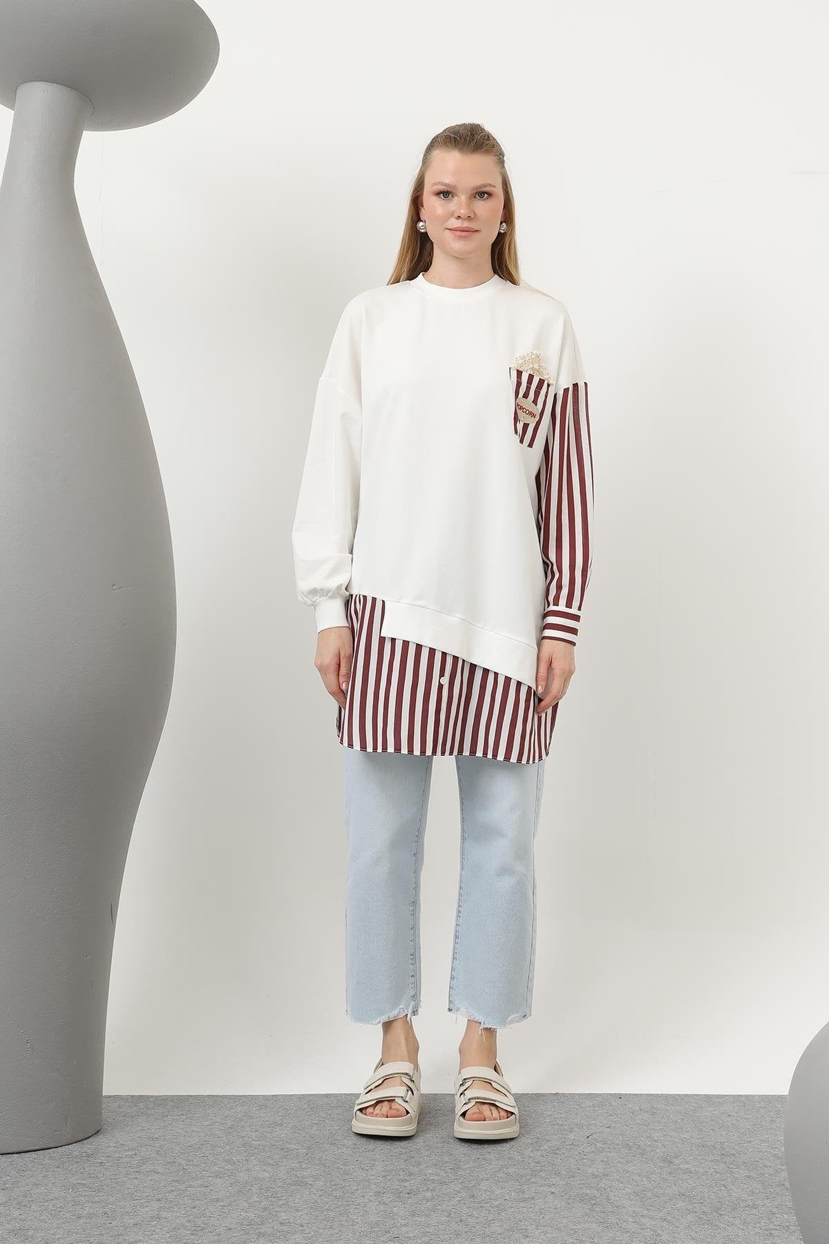 Kadın Önü Pop Corn Baskılı ve Boncuk İşlemeli Çizgi Garnili Tunik - 10651TUN