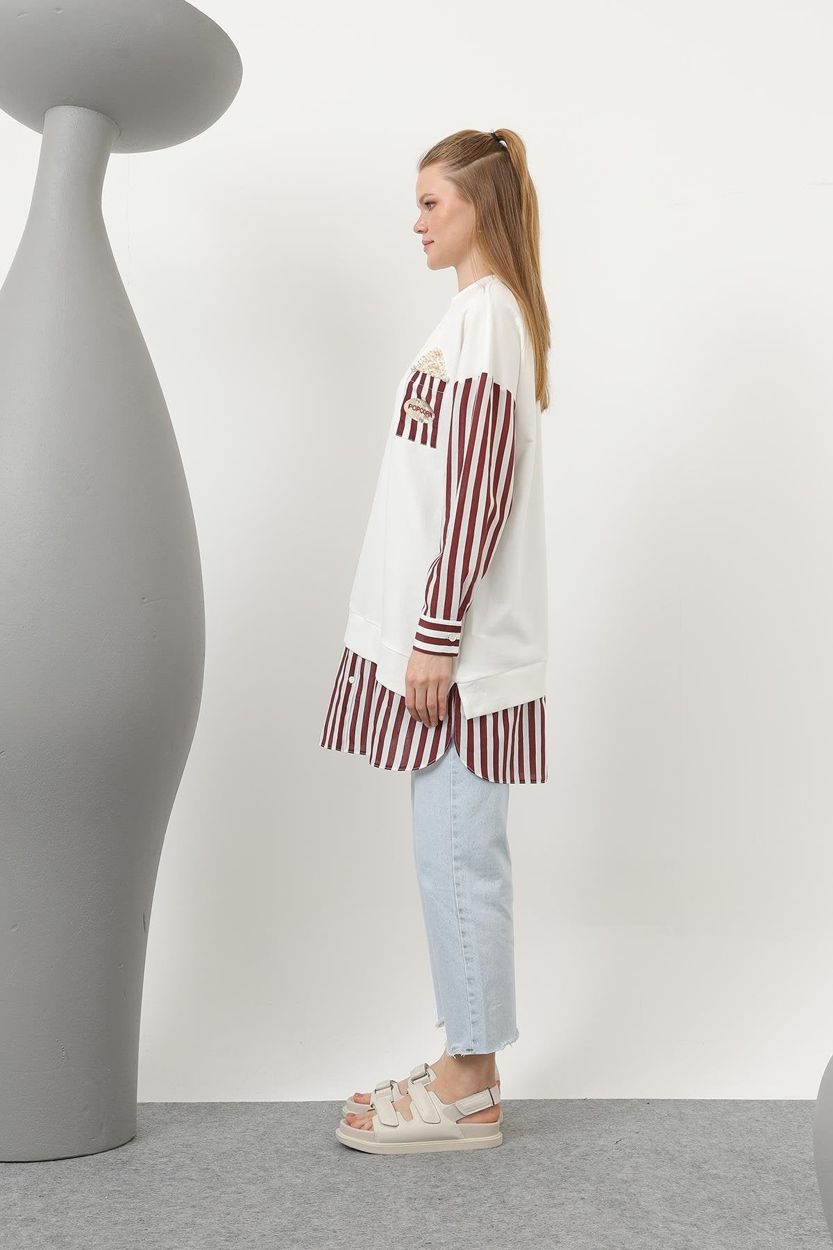 Kadın Önü Pop Corn Baskılı ve Boncuk İşlemeli Çizgi Garnili Tunik - 10651TUN