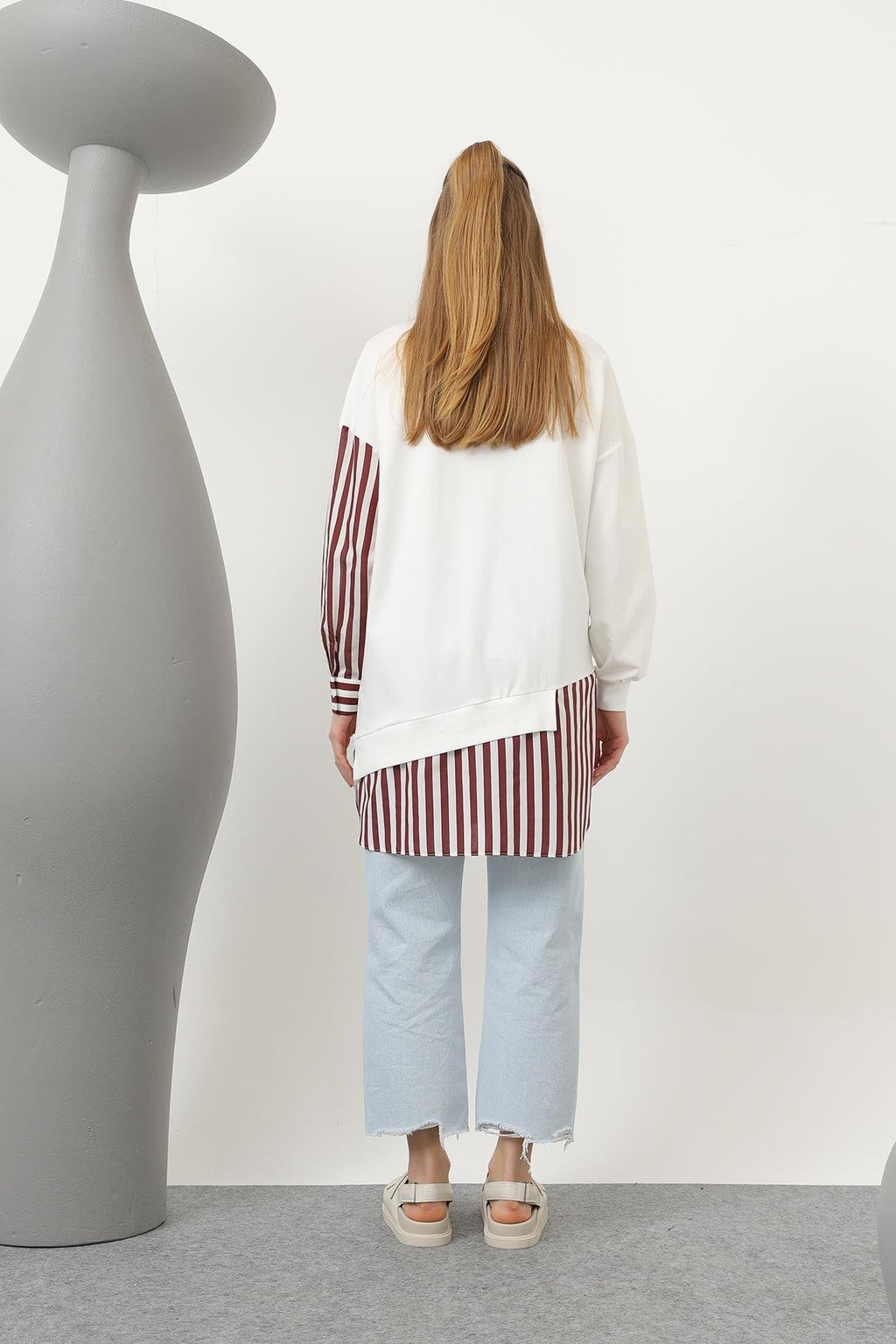 Kadın Önü Pop Corn Baskılı ve Boncuk İşlemeli Çizgi Garnili Tunik - 10651TUN