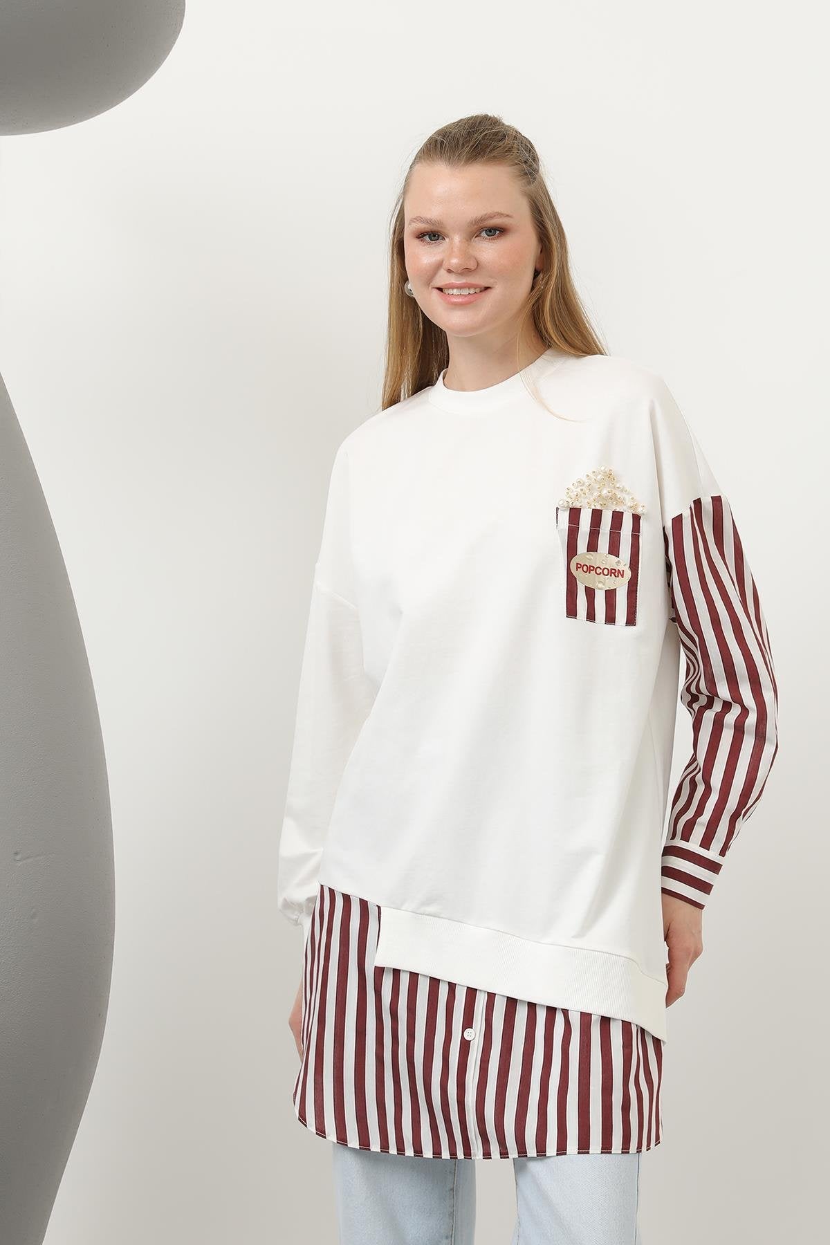 Kadın Önü Pop Corn Baskılı ve Boncuk İşlemeli Çizgi Garnili Tunik - 10651TUN