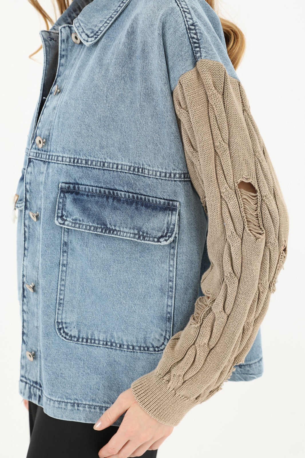 Kadın Triko Kol Detaylı Denim Ceket -32041CKT