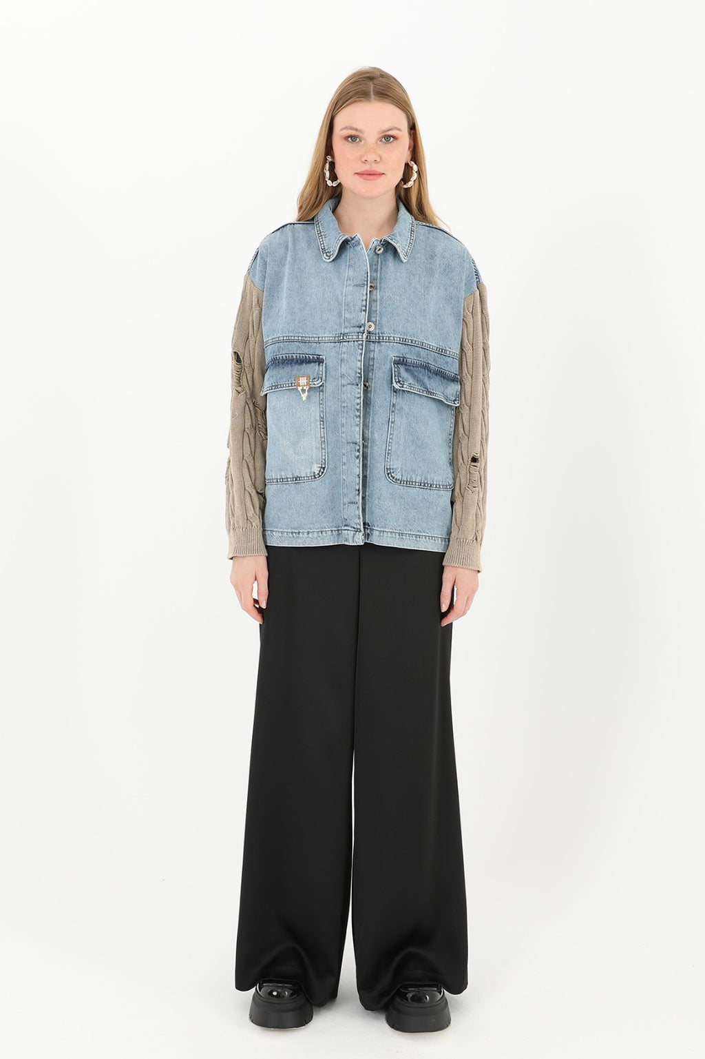 Kadın Triko Kol Detaylı Denim Ceket -32041CKT